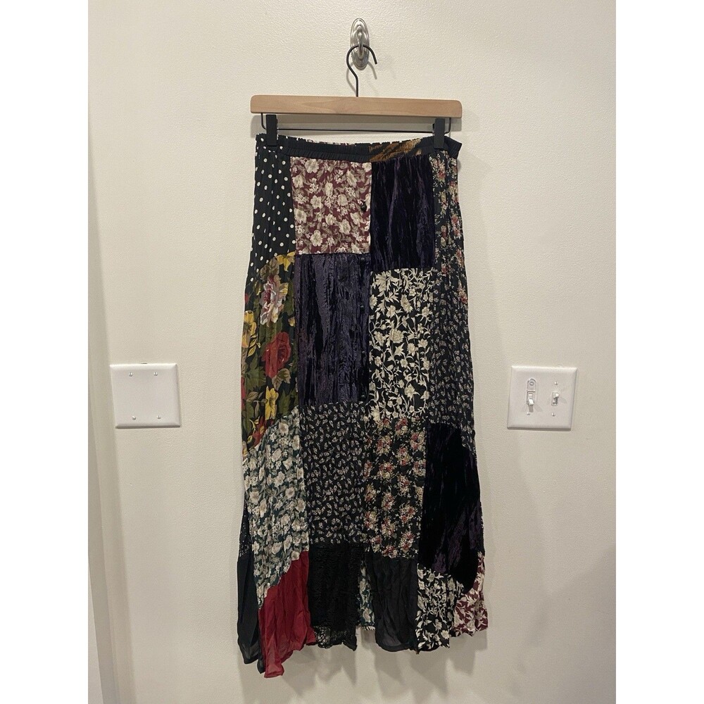 Whimsigoth Vintage 90s Patchwork Maxi Skirt M/L Velvet Lace Floral Boho Witchy